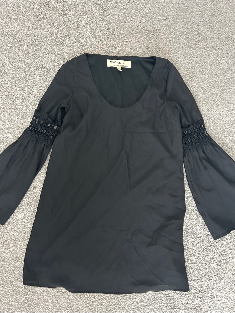 Stone Cold Fox Black Mini Dress with Lace-Inset Bell Sleeves